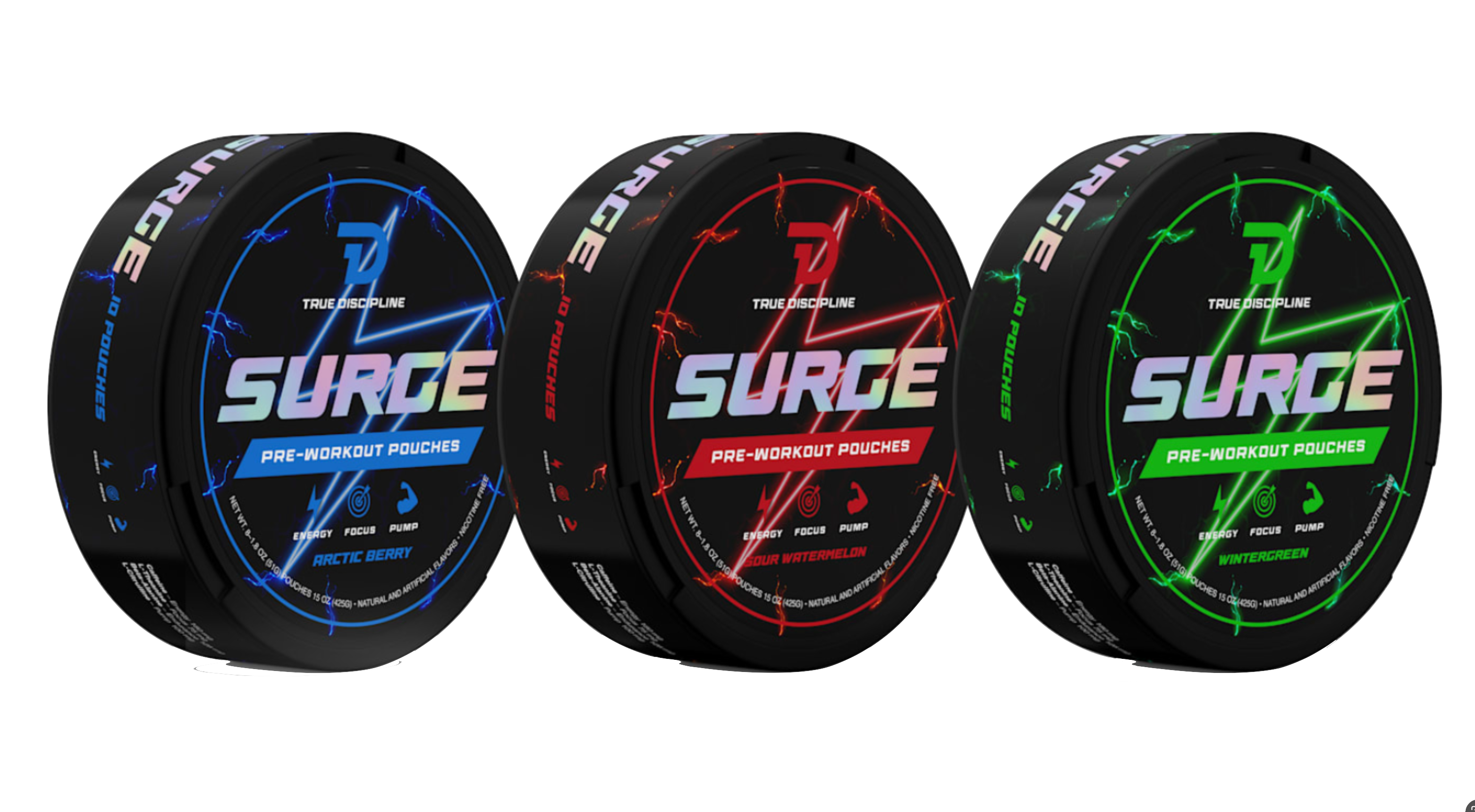 True Discipline SURGE – Pre-Workout Pouches (Clean Energy · Focus · Pump)